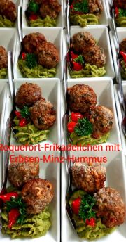 Roquefort-Frikadellchen mit Erbsen-Minz-Hummus Roquefort-Frikadellchen mit Erbsen-Minz-Hummus